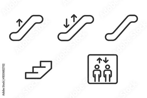 Line art icons of escalators, stairs, and elevator signs for directions
