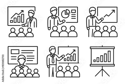 Line art illustrations of business presentations by various male speakers with audience