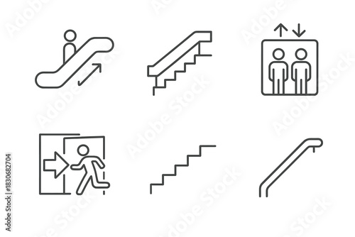 Escalator, stairs, elevator, emergency exit signs icons set