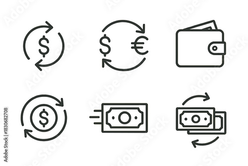 Currency exchange and wallet icons illustrating financial transactions