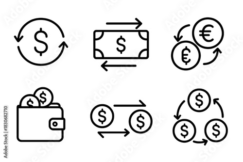 Currency exchange symbols with dollar and euro signs in simple line icons