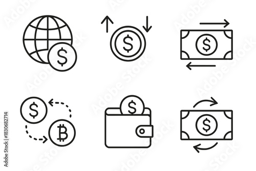 Currency exchange icons: global, cryptocurrency, wallet, transactions, finance symbols