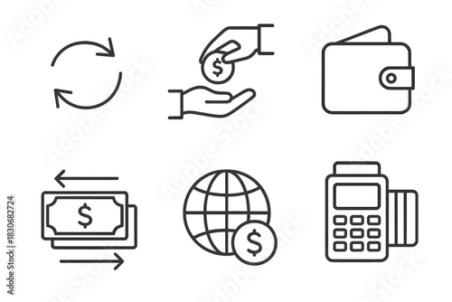Finance and currency icons: transactions, wallet, exchange, global economy, payment terminal