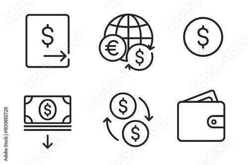 Currency and finance icons: dollar, euro, exchange, money transfer, wallet