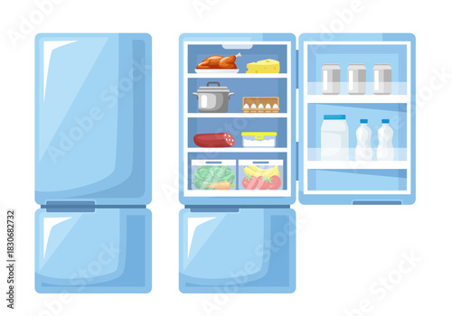 Refrigerator with groceries. Vector illustration isolated on white background.