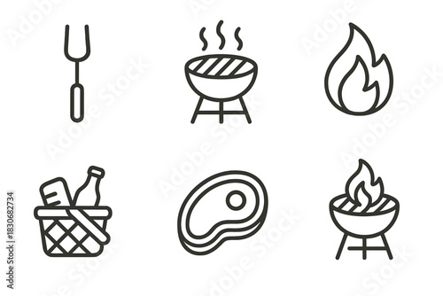 Barbecue icons: grill, fire, fork, basket, steak, flame