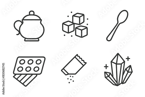 Set of line icons: sugar bowl, sugar cubes, spoon, chocolate bar, opened packet, crystals