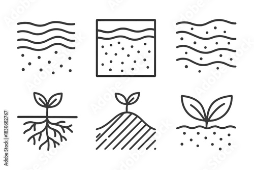 Growth and soil line icons illustrating plant life stages and root systems