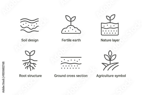 Minimalist agricultural icons depicting soil, plant growth, and root structures