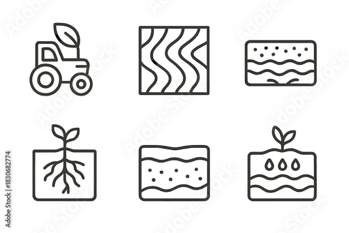 Agriculture icons: tractor, soil, and plant growth illustrations in line art style