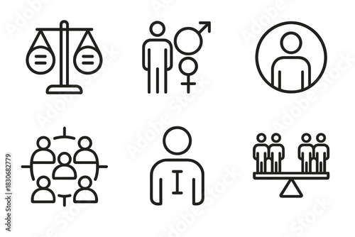 Icon set depicting gender equality, legal scales, and community connections