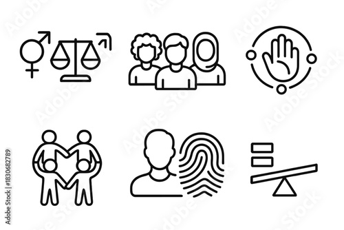 Diversity and equality icons: gender balance, community, inclusion, family, identity, justice