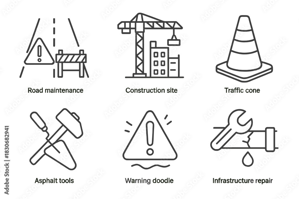 Fototapeta premium Infrastructure icons: construction, maintenance, traffic safety symbols