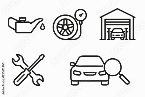 Car maintenance icons: oil, tire pressure, garage, tools, inspection