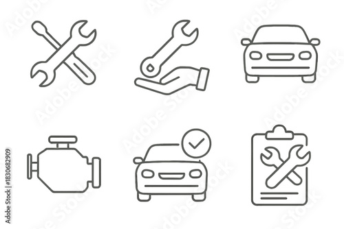 Set of automotive icons featuring cars tools and engine