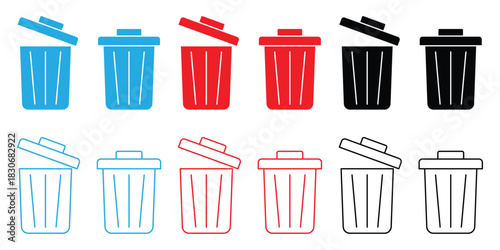 Trash bin icons. Delete line and solid icon set. Rubbish bin icon. Delete button. Delete icon collection in black and red color.