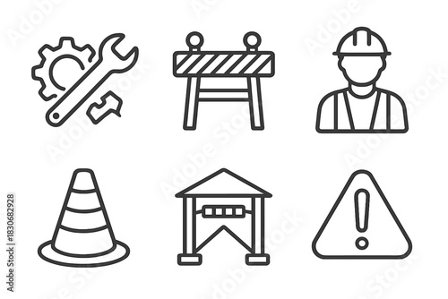 Set of construction and safety icons with tools and warning signs