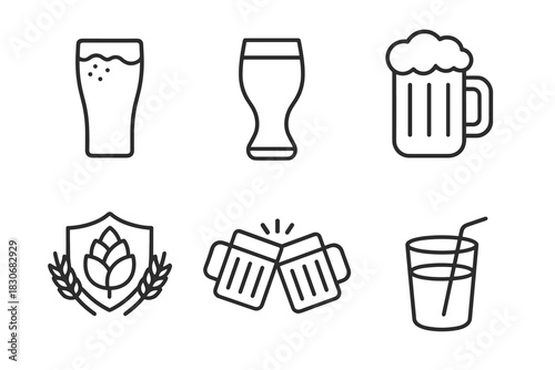 Set of beer and drink icons: glasses, mugs, hops emblem, cheers, glass with straw