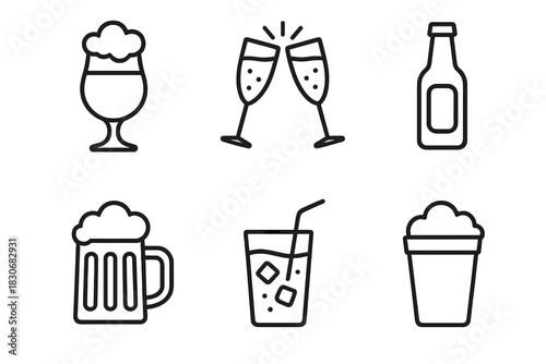 Outline of various drink glasses and bottles including beer, wine, and cocktail