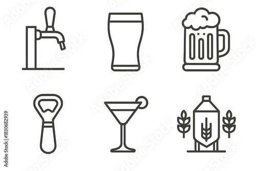 Beer and cocktail icons set: tap, glasses, opener, distillery