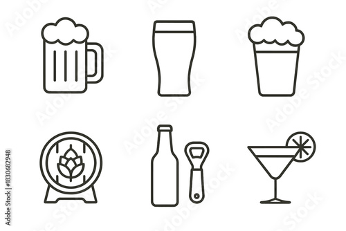 Outline icons of beer glasses, barrel, bottle, opener, and cocktail glass