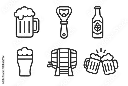 Beer icons set: mug, opener, bottle, glass, barrel, toasting