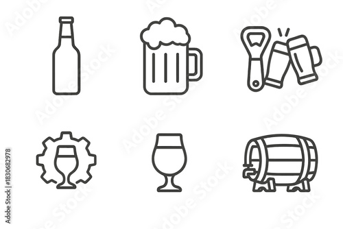 Beer icons set: bottle, mug, opener, barrel, gear, glass