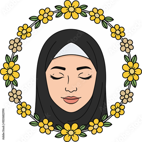 A serene illustration of a Muslim woman with closed eyes wearing a black hijab, framed by a beautiful circular wreath of yellow flowers.