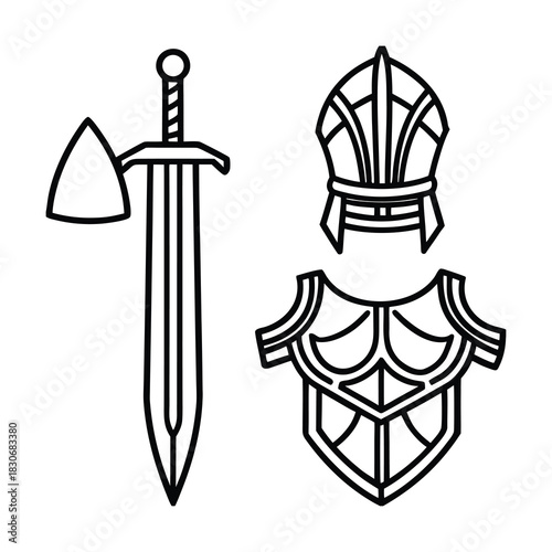 Medieval warrior symbol with vintage knight sword, shield, and armor illustration