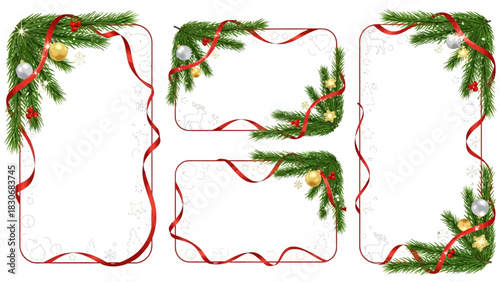 Create elegant winter holiday greetings using these festive evergreen and ribbon frames perfect for Christmas cards and invitations adding seasonal cheer