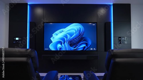 Modern Home Theater System with Blue Lighting and Immersive Entertainment