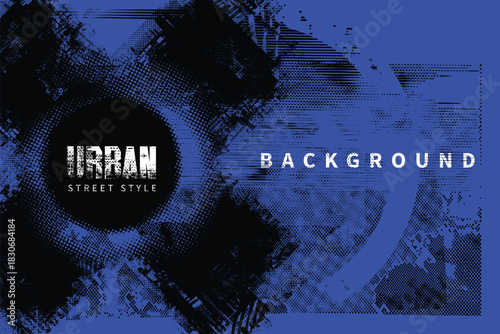 Vector banner on theme of urbanism, street art, digital technologies with cross,  radiation hazard, camera lens on background of fragments of urban landscape, pixels. Design of a T-shirt. No ai