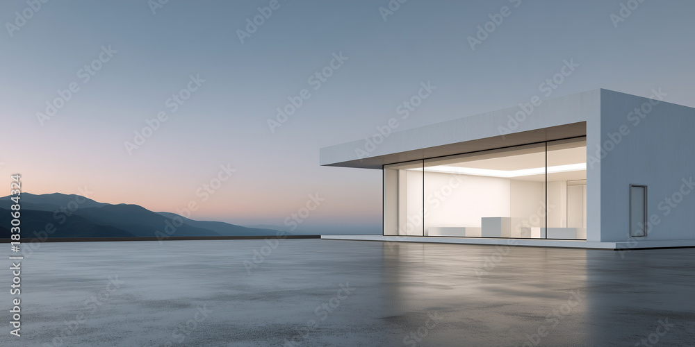 Fototapeta premium Modern architectural design at dusk, featuring clean lines, large glass windows glowing under evening sky. Concrete floor creates ideal display background for office, corporate and product display.