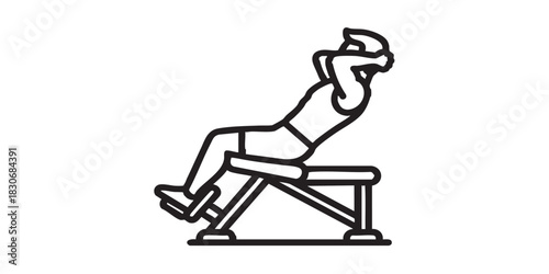 Human with exercise machine thin line icon, body building concept. Vector graphics. Athlete man doing abdomen training exercise sign on white background, style icon mobile or web design