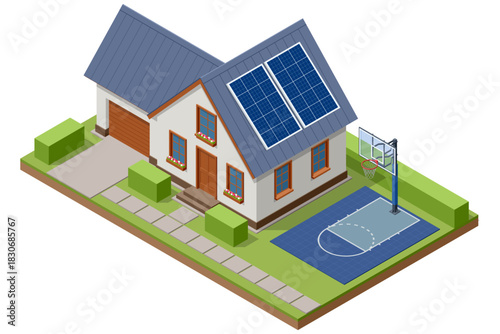 Isometric illustration of a modern house with solar panels on the roof and a private outdoor basketball court. Eco home, clean energy, and active lifestyle concept in a detailed suburban scene.
