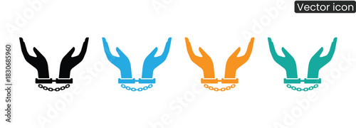 A simple and colorful graphic of hands in handcuffs. Perfect for adding visual interest to projects about crime, justice, legal issues, or personal freedom.