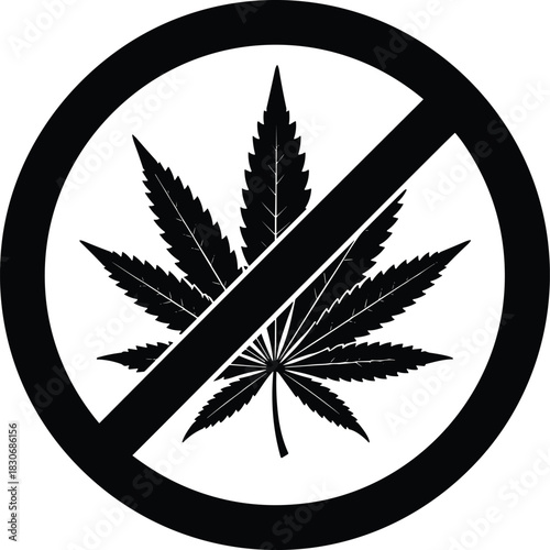 No Cannabis or Marijuana Leaf Prohibition Symbol Icon, Black Silhouette Vector, Illegal Drug and Ban Warning Sign, Stop Addiction