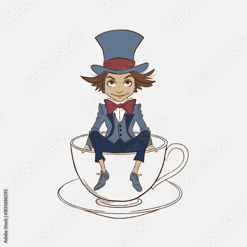 A flat vector illustration of the Mad Hatter character from Alice's Adventures in Wonderland, sitting inside a large teacup. He wears a blue suit, a red bow tie, and a blue top hat with a red ribbon.