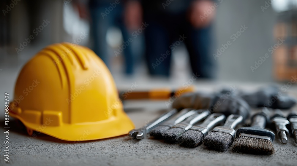 Fototapeta premium A hard hat and various painting tools are laid out on a concrete floor, highlighting the tools of a craftsperson and the creative process in construction.