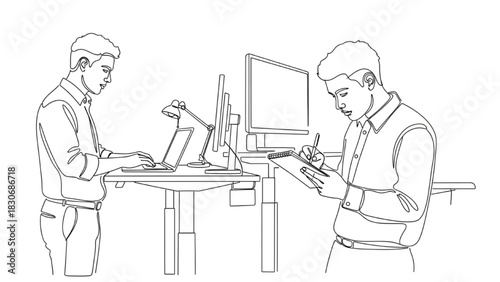 Black Continuous Line Art of Office Workers at Standing Desks Using Computer and Writing Notes