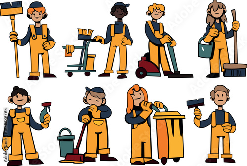 Cleaning Workers and Janitorial Equipment Illustration for Maintenance and Service Concepts