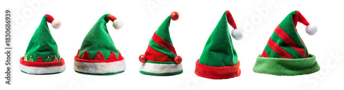 Collage with Elf hats set, closeup objects. Isolated on transparent background. Christmas and New Year celebration