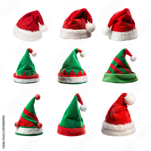 Collage with Christmas hats set, closeup objects. Isolated on transparent background. Christmas and New Year celebration