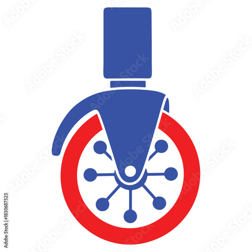 A modern illustration of a red and blue caster wheel used for furniture or equipment mobility with white background