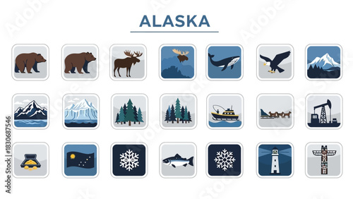 Alaska Icon Set Illustrations Featuring Bears, Moose, Whales, Eagles, Mountains, Fishing Boats, and More