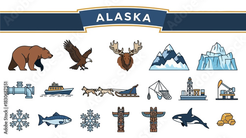 Colorful Icons Representing the State of Alaska Bear, Eagle, Moose, and More