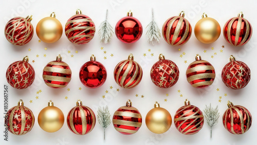 Red and gold holiday baubles arranged in clean flat lay style