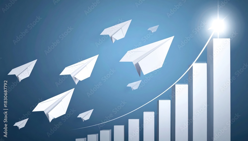 Fototapeta premium Paper airplanes soaring upwards toward a bright light with financial growth graph. The image conveys the ideas of growth and targets. 