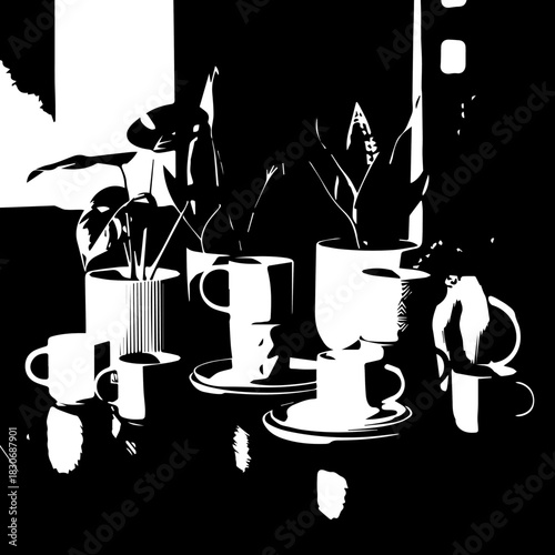 Collection of Coffee Cups and Mugs on Table.