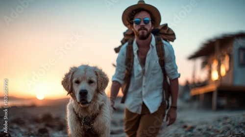 A man and his golden retriever walk along a serene beach at sunset, capturing the essence of adventure, companionship, and the beauty of nature in a single moment.